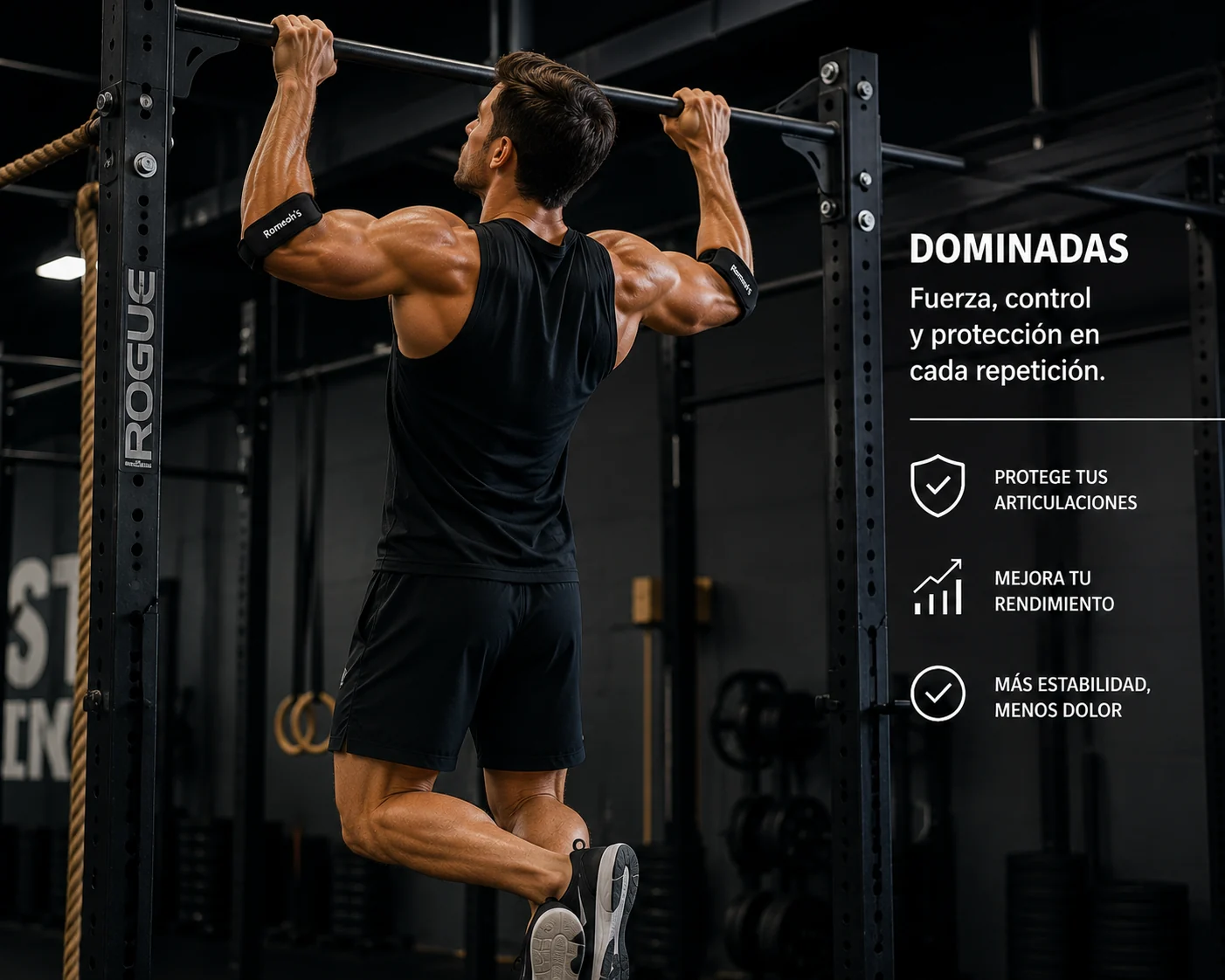 Atleta realizando dominadas en una barra con soporte en el codo