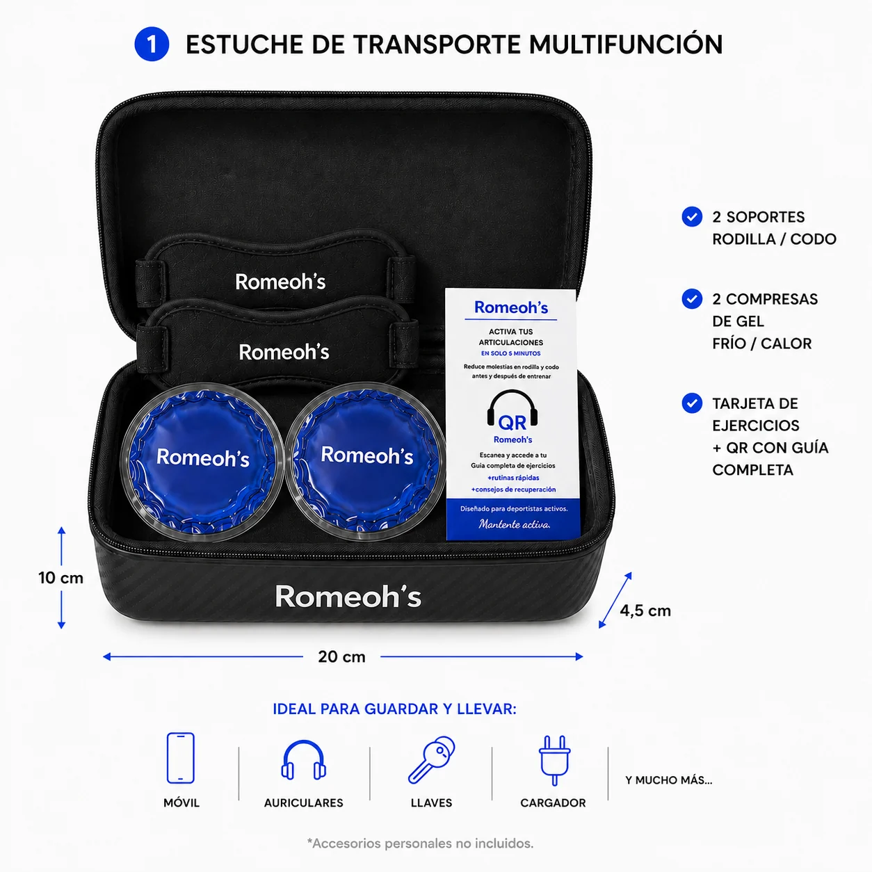 Romeoh's Active Kit™ con el estuche abierto y los dos soportes ajustables, las dos compresas de gel y la tarjeta de ejercicios colocados en su interior