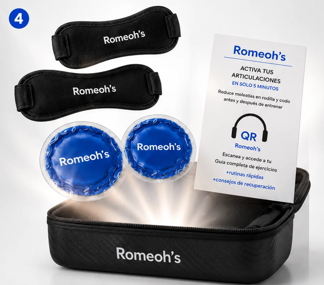 Componentes del Romeoh's Active Kit™ flotando sobre el estuche abierto: soportes, compresas de gel y tarjeta de ejercicios