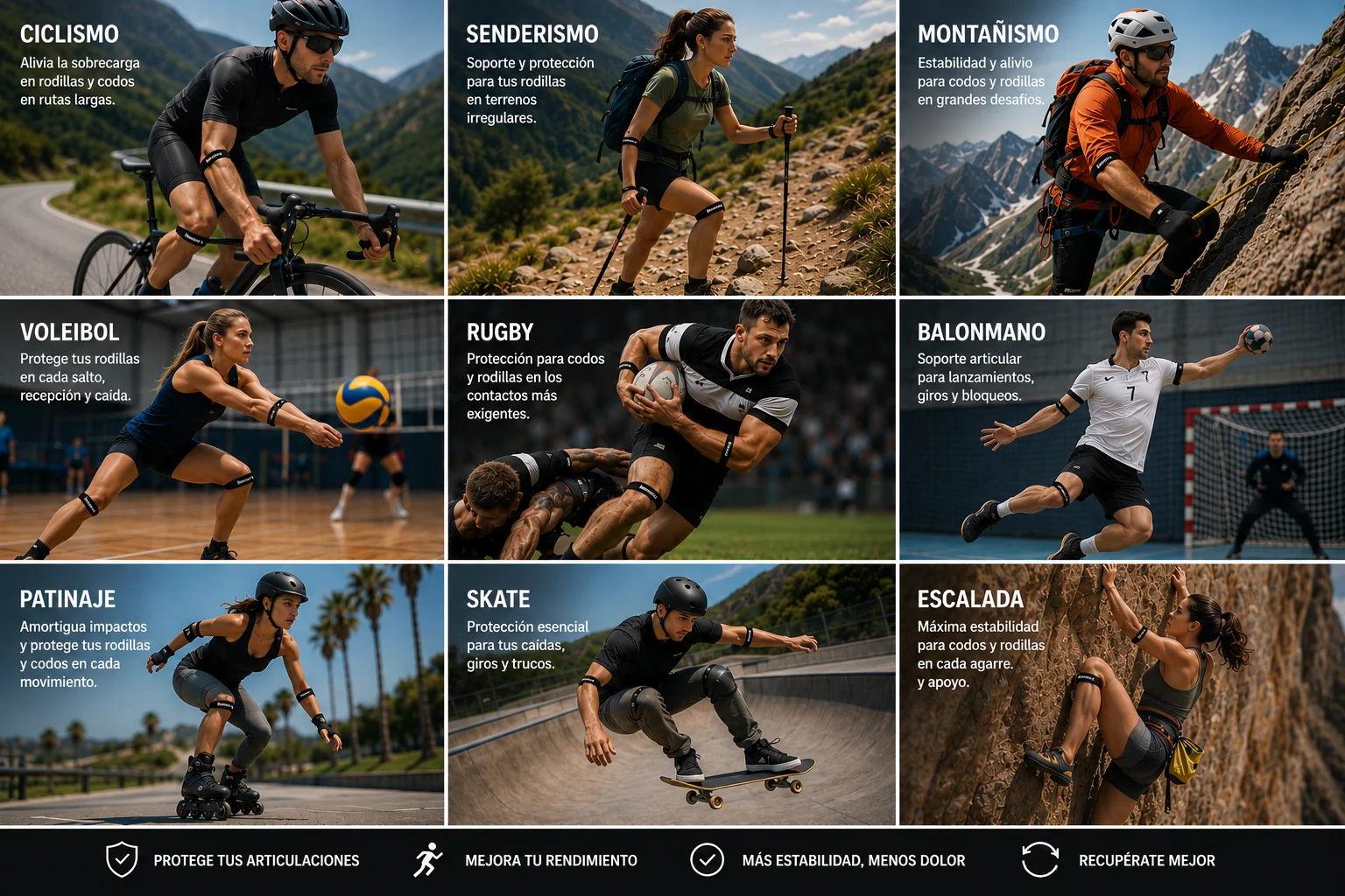 Composición de varias personas practicando distintos deportes con soportes en rodilla y codo