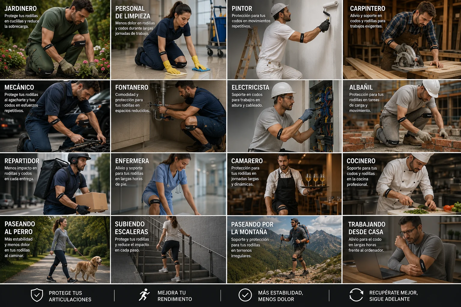 Personas de distintos oficios que trabajan de pie o cargando peso durante su jornada laboral